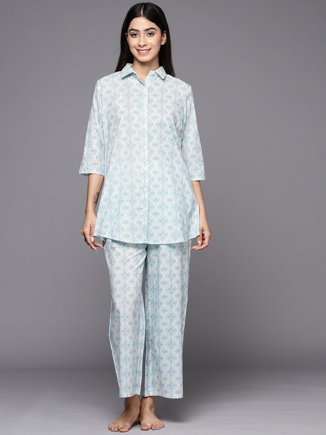 White Printed Cotton Night Suit