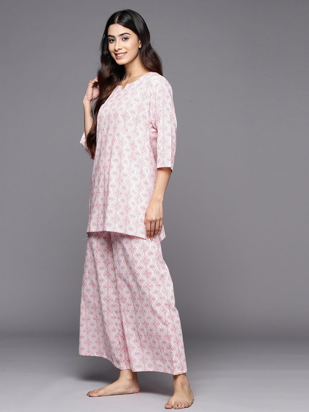 White Printed Cotton Night Suit