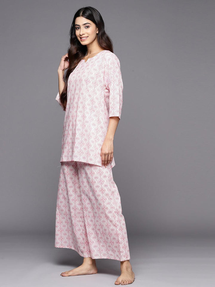 White Printed Cotton Night Suit - ShopLibas