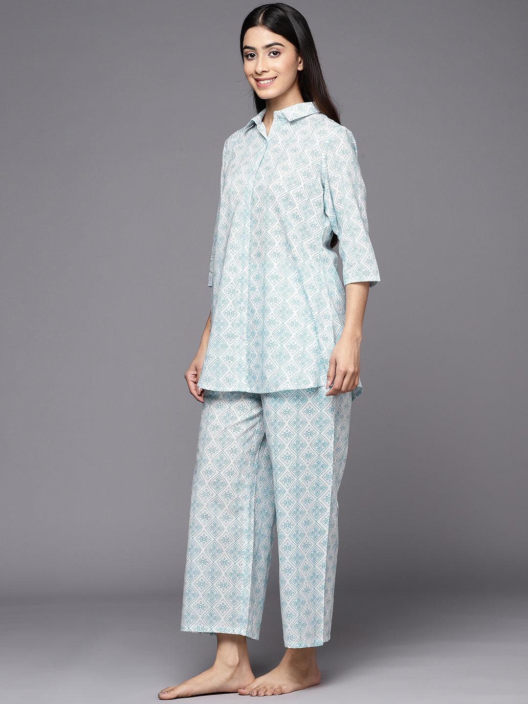 White Printed Cotton Night Suit