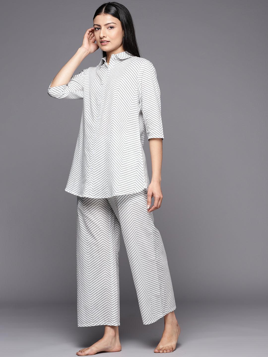 White Printed Cotton Night Suit - ShopLibas