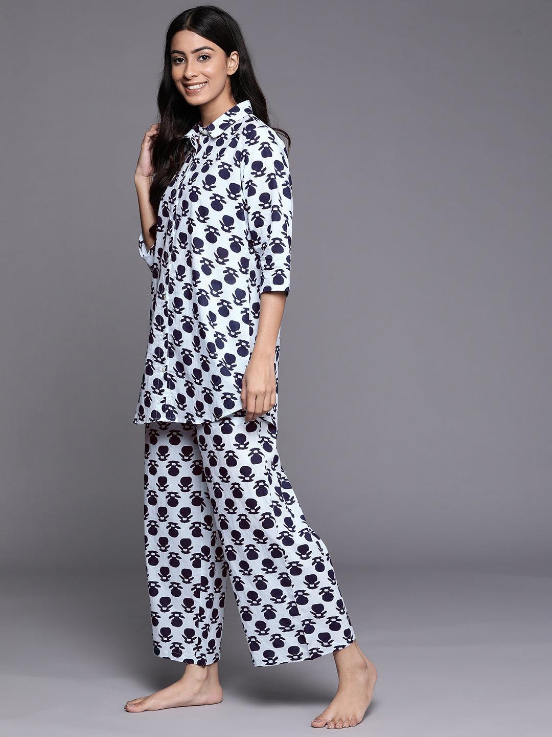 White Printed Cotton Night Suit