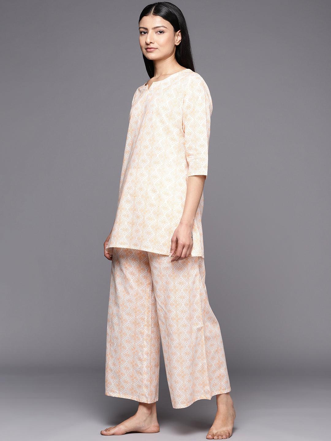 White Printed Cotton Night Suit - ShopLibas