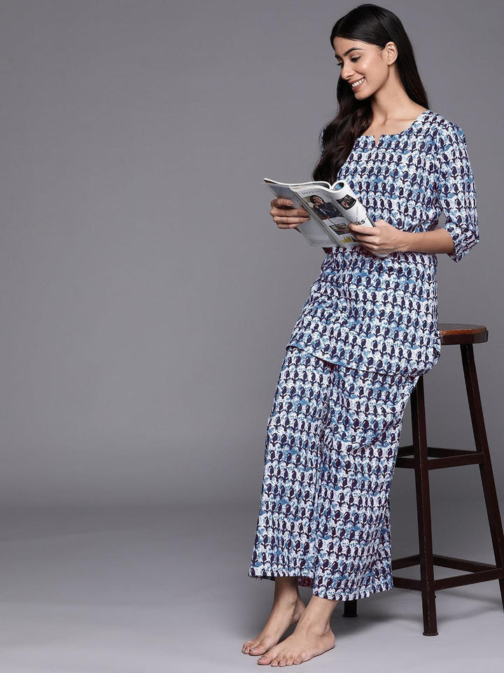 White Printed Cotton Night Suit - ShopLibas