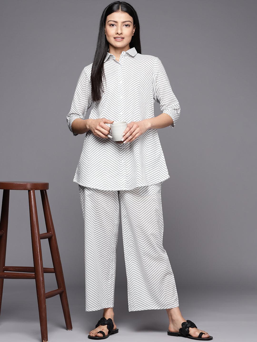 White Printed Cotton Night Suit