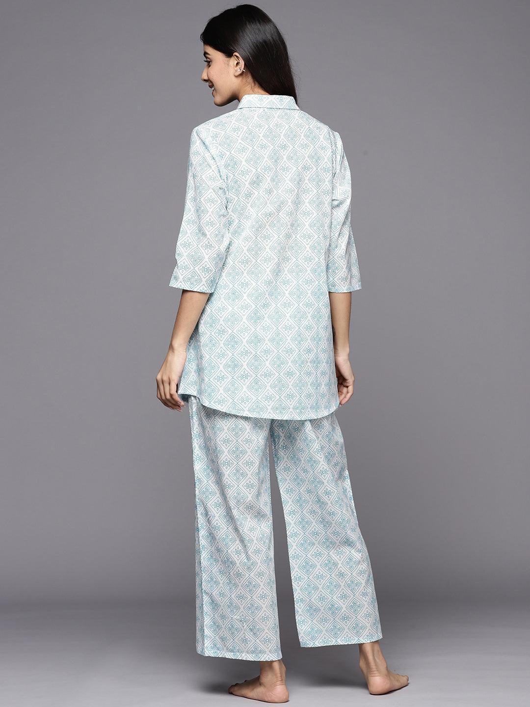 White Printed Cotton Night Suit