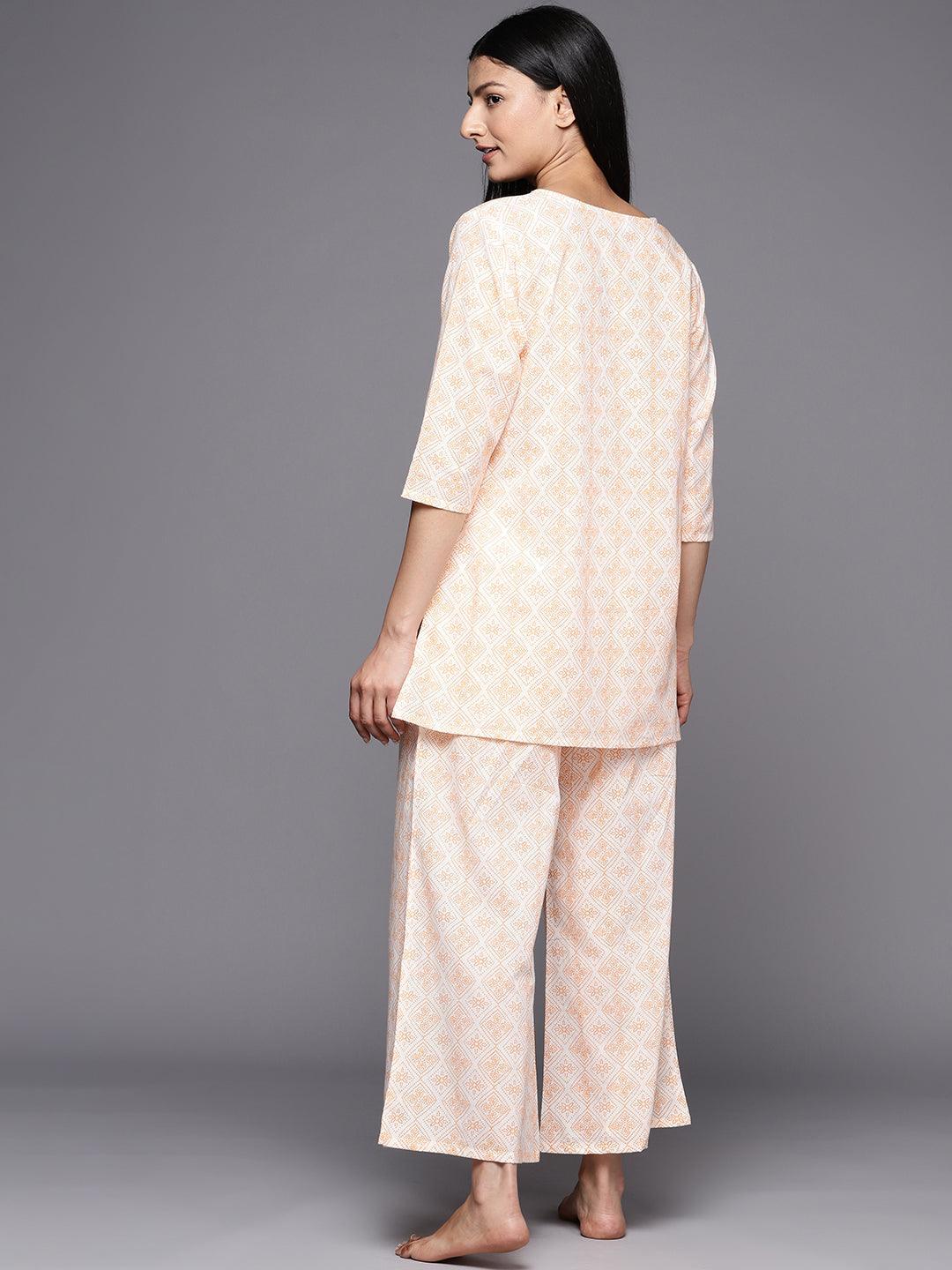 White Printed Cotton Night Suit - ShopLibas