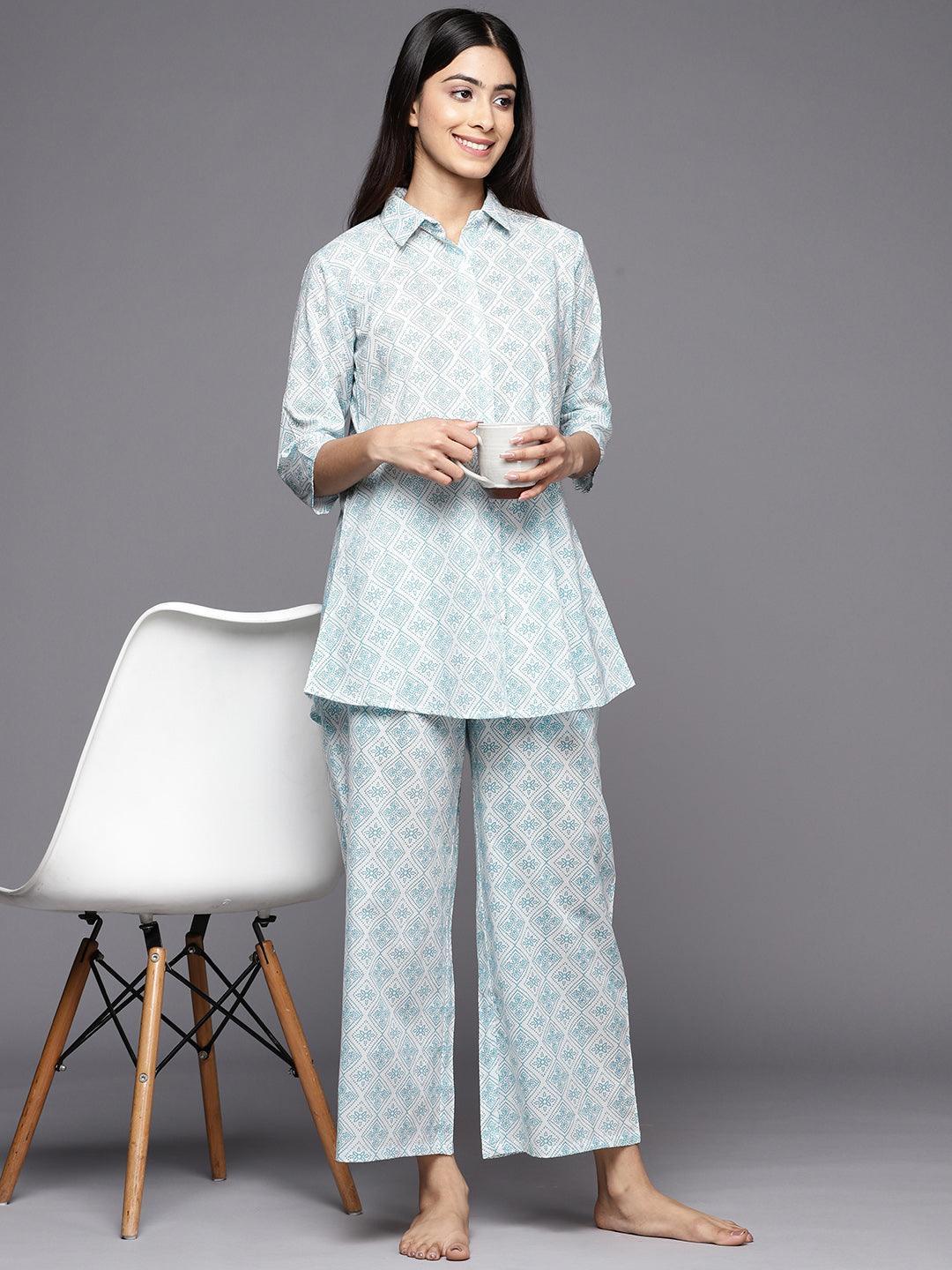 White Printed Cotton Night Suit - ShopLibas