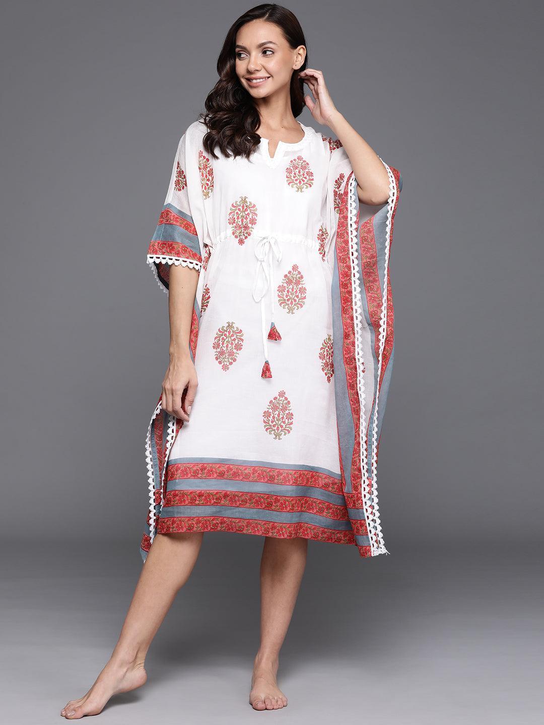 White Printed Cotton Nightdress - ShopLibas