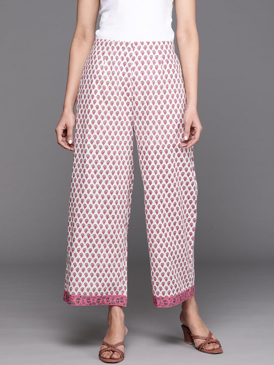 White Printed Cotton Palazzos - ShopLibas