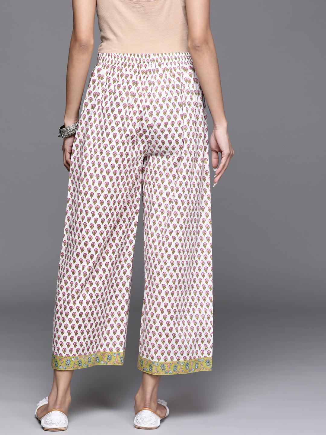 White Printed Cotton Palazzos - ShopLibas