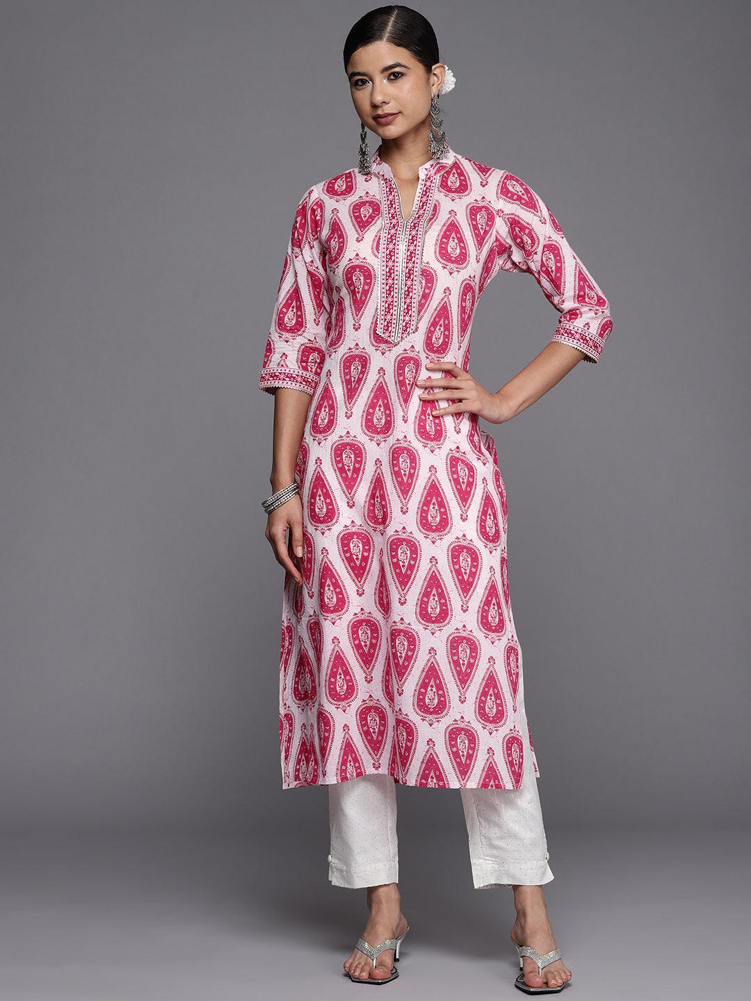 White Printed Cotton Straight Kurta