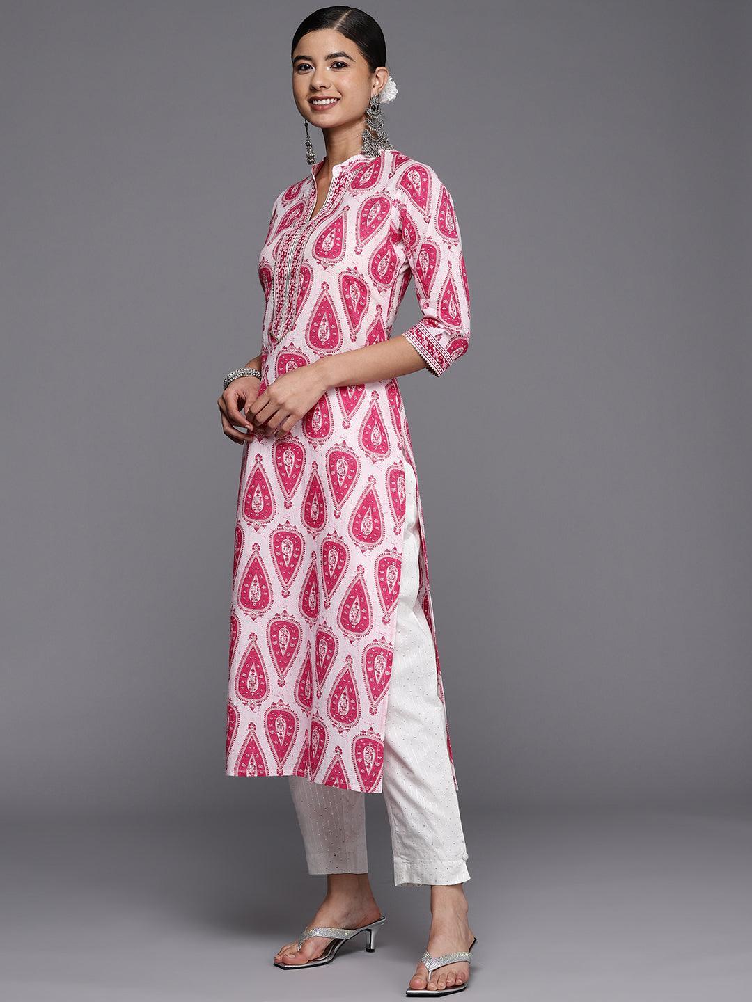 White Printed Cotton Straight Kurta