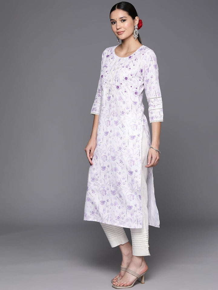 White Printed Cotton Straight Kurta - Libas