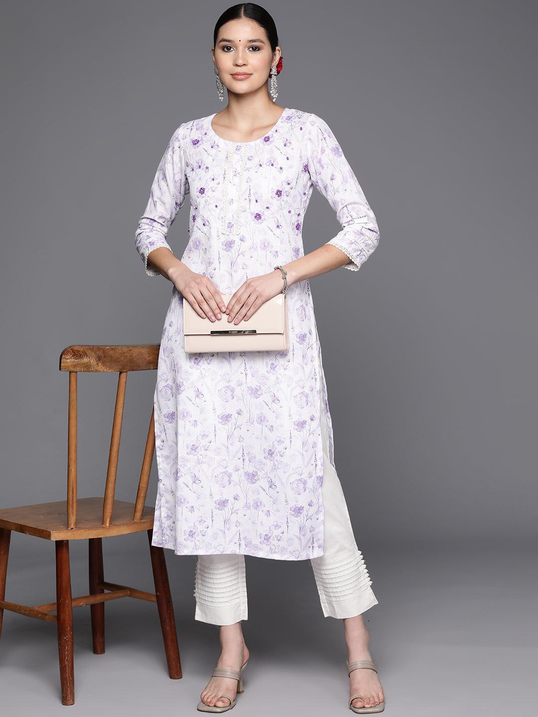 White Printed Cotton Straight Kurta - Libas