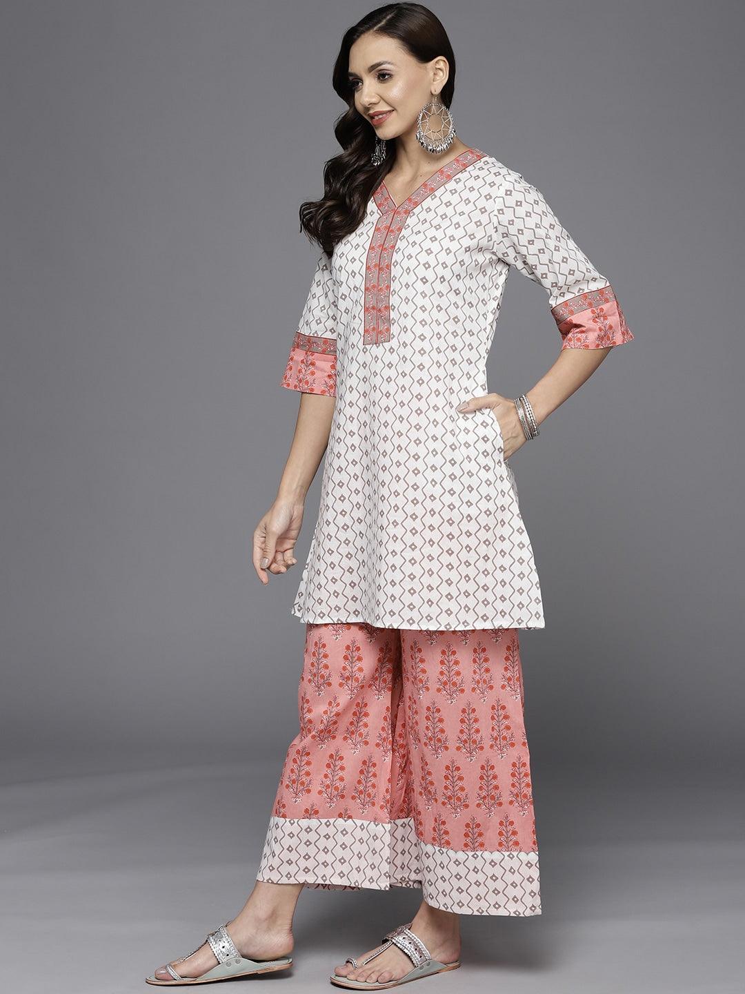 White Printed Cotton Straight Suit Set