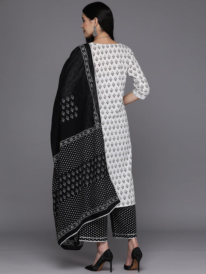 White Printed Cotton Straight Suit Set With Palazzos - Libas