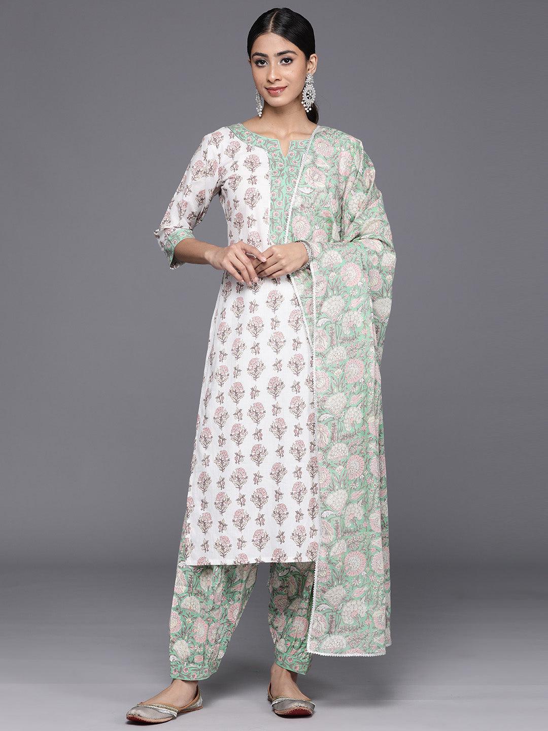 White Printed Cotton Straight Kurta With Salwar & Dupatta