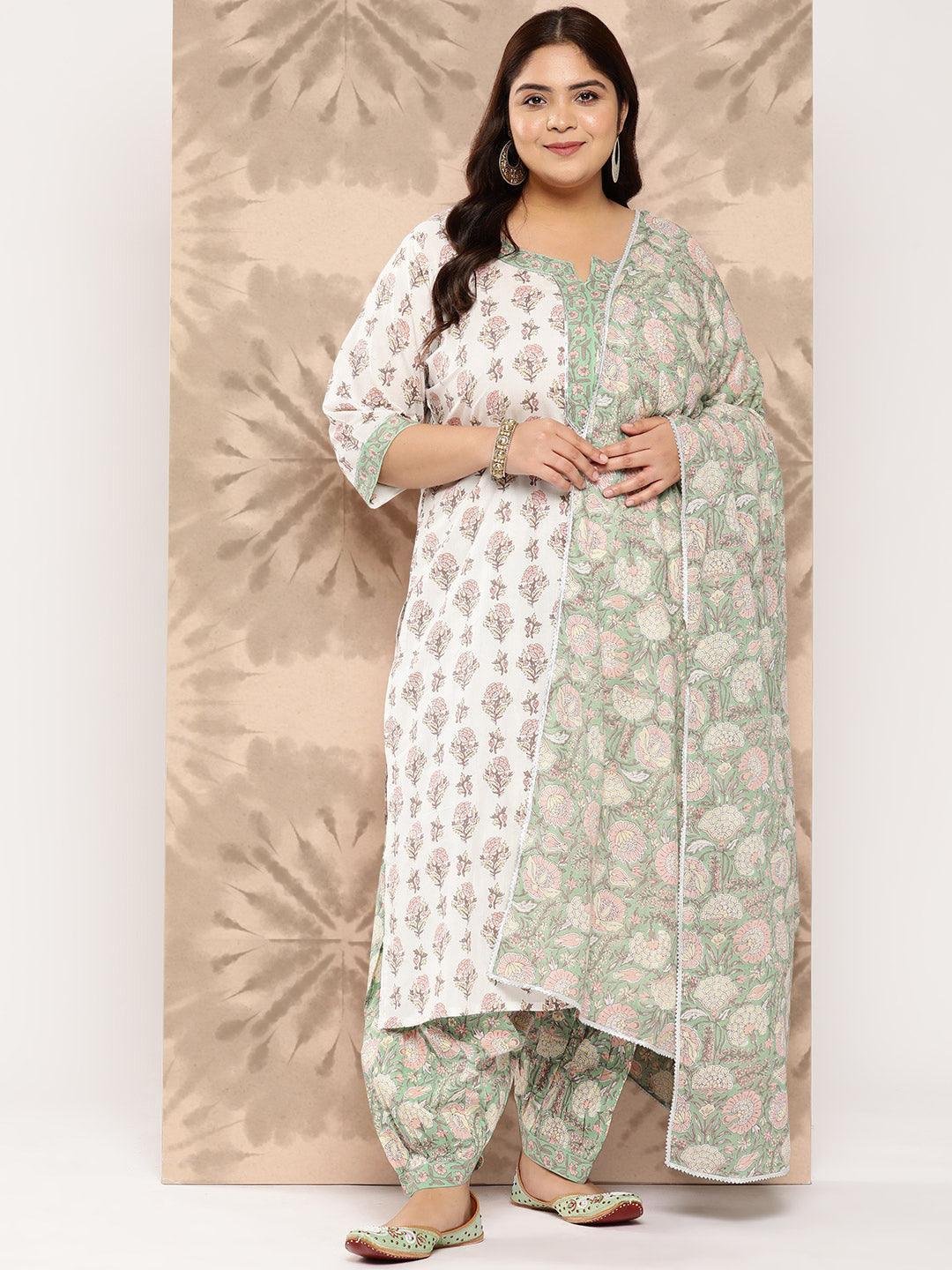 White Printed Cotton Straight Kurta With Salwar and Dupatta