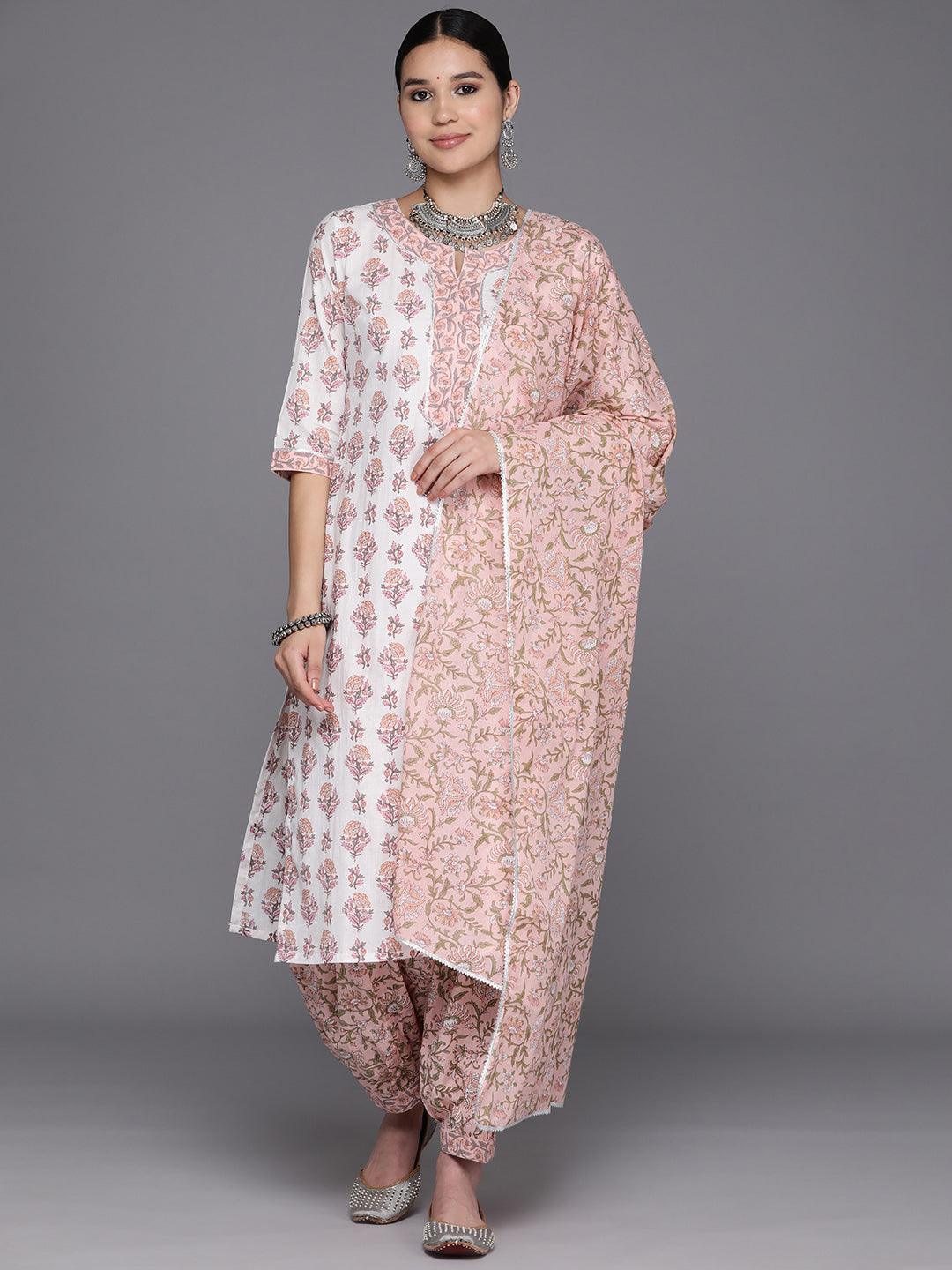 White Printed Cotton Straight Kurta With Salwar & Dupatta