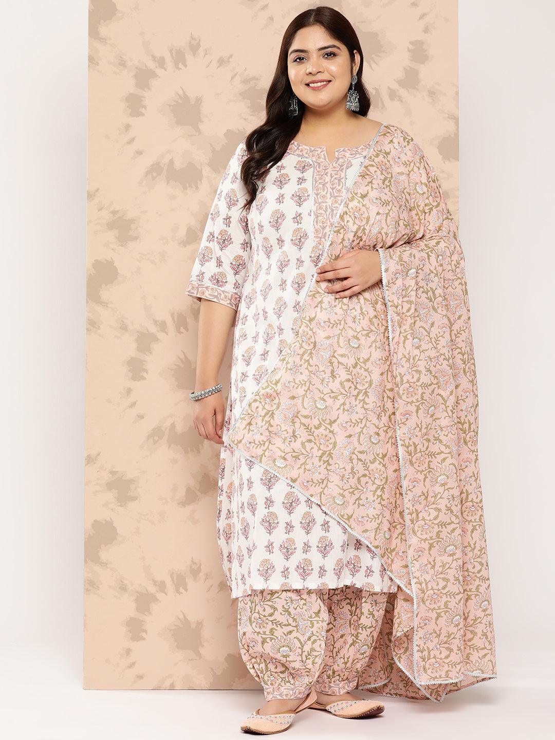 White Printed Cotton Straight Kurta With Salwar and Dupatta