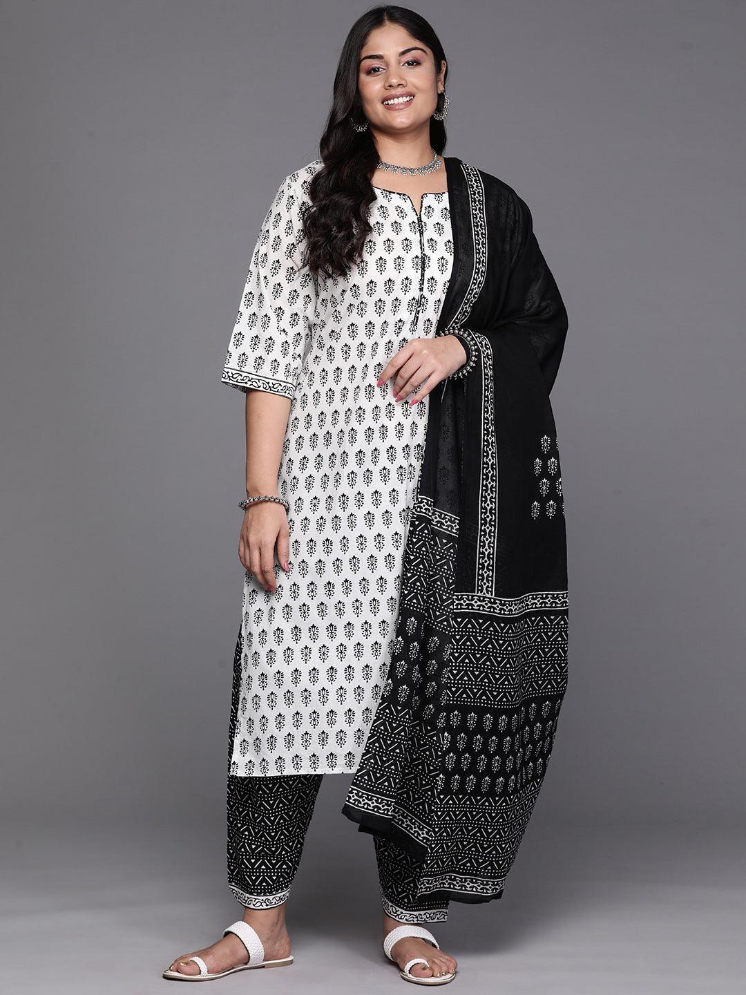 White Printed Cotton Straight Kurta With Salwar & Dupatta