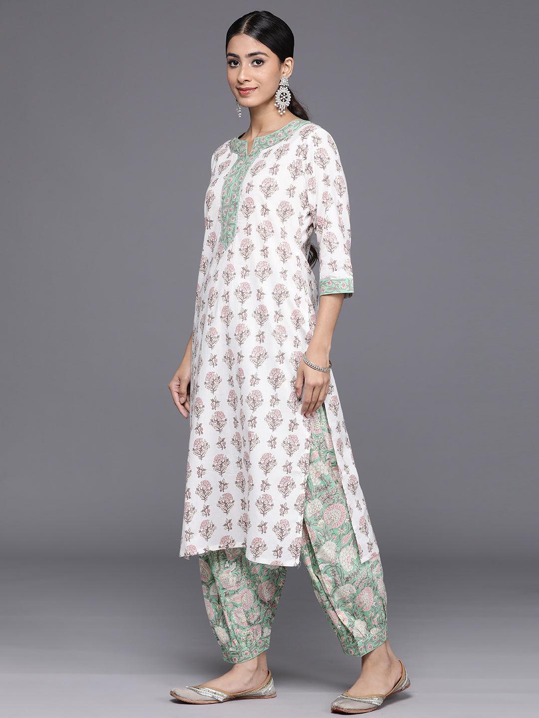 White Printed Cotton Straight Kurta With Salwar & Dupatta