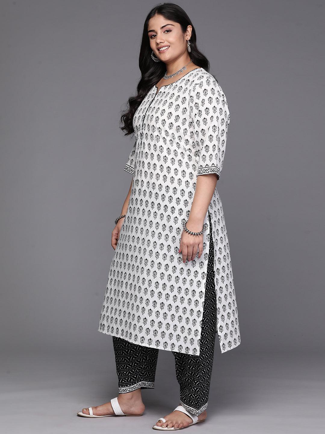 White Printed Cotton Straight Kurta With Salwar & Dupatta