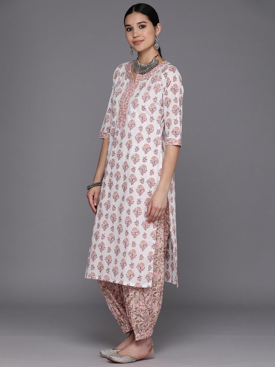 White Printed Cotton Straight Kurta With Salwar & Dupatta