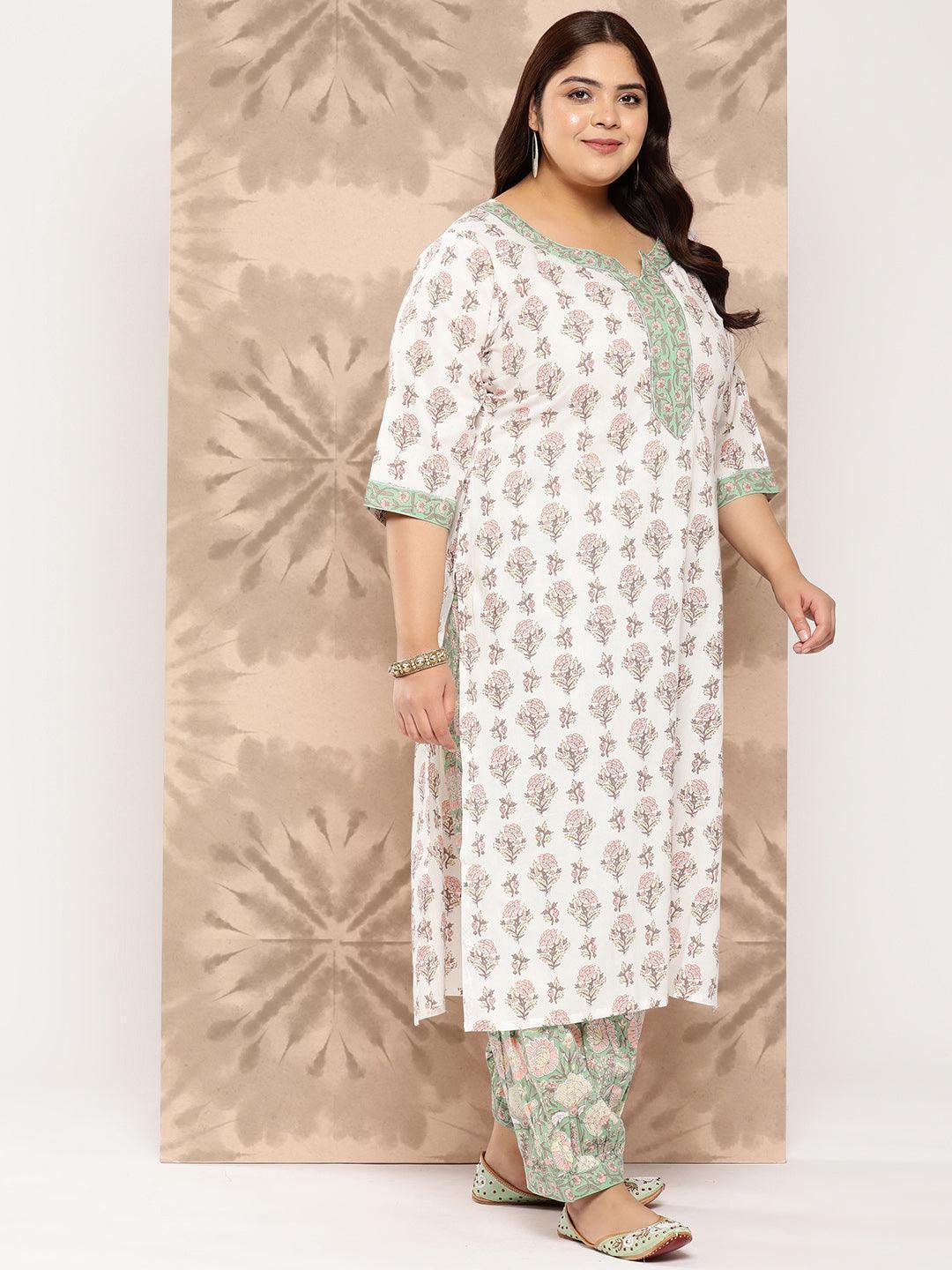 White Printed Cotton Straight Kurta With Salwar and Dupatta