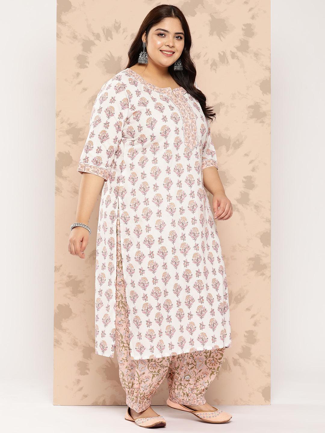 White Printed Cotton Straight Kurta With Salwar and Dupatta