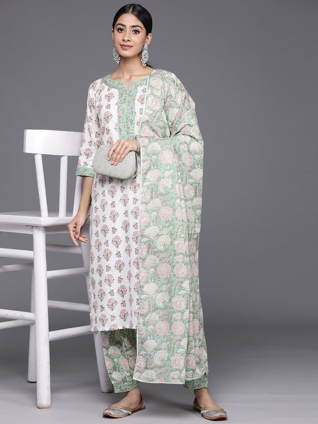 White Printed Cotton Straight Kurta With Salwar & Dupatta