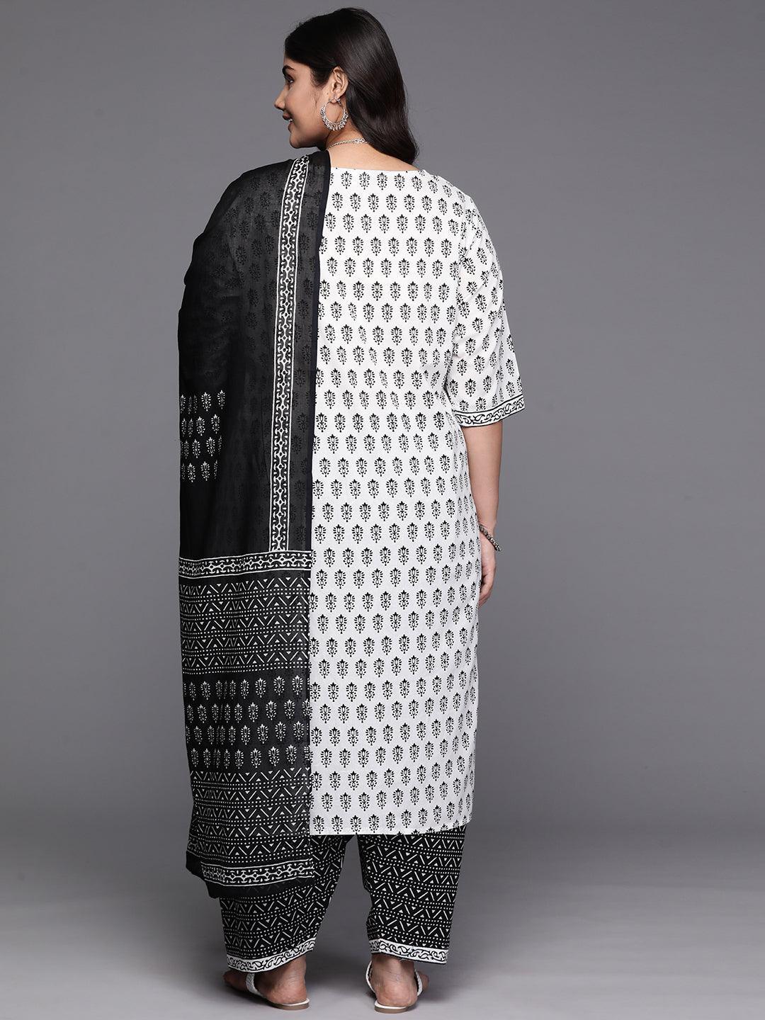 White Printed Cotton Straight Kurta With Salwar & Dupatta