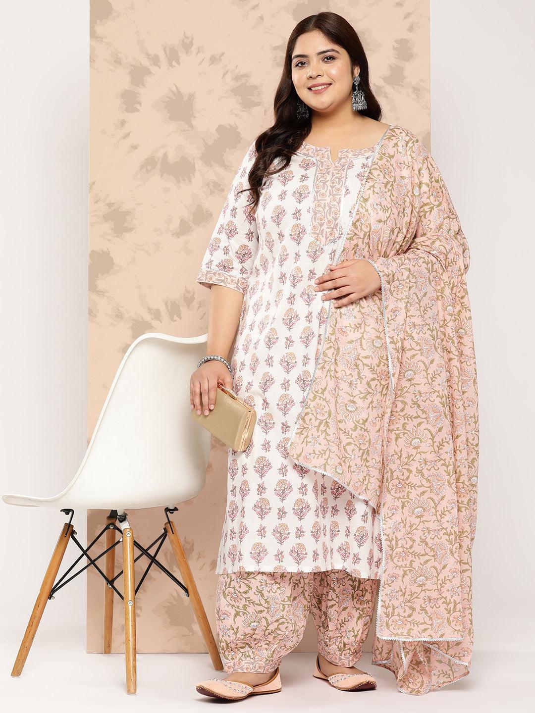 White Printed Cotton Straight Kurta With Salwar and Dupatta