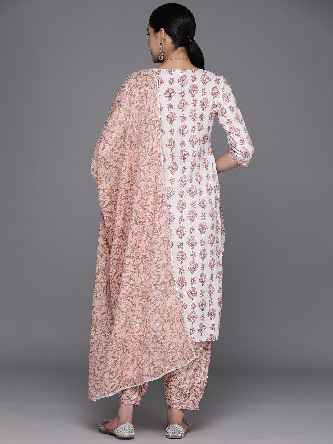 White Printed Cotton Straight Kurta With Salwar & Dupatta