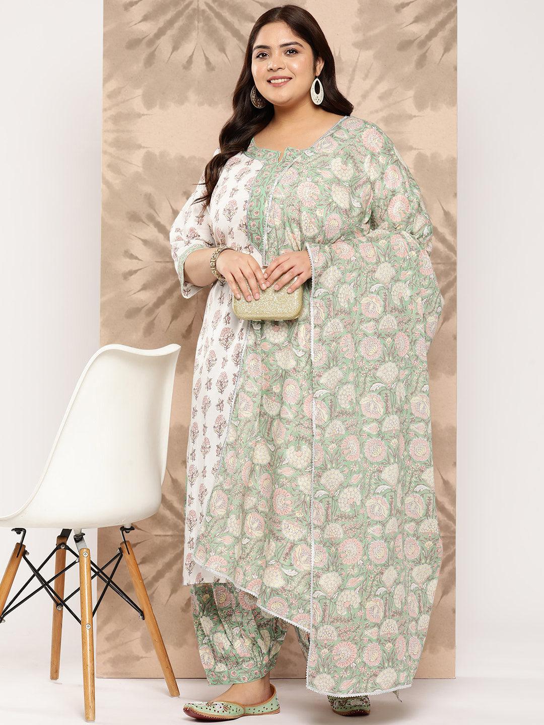 White Printed Cotton Straight Kurta With Salwar and Dupatta