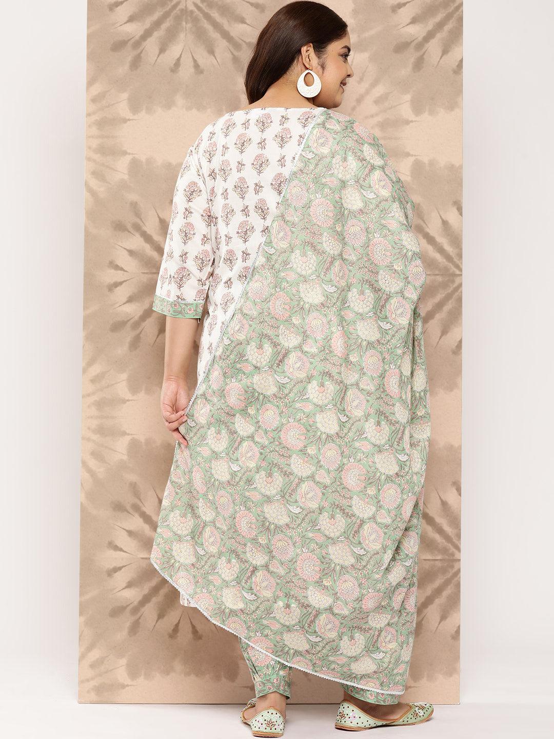 White Printed Cotton Straight Kurta With Salwar and Dupatta