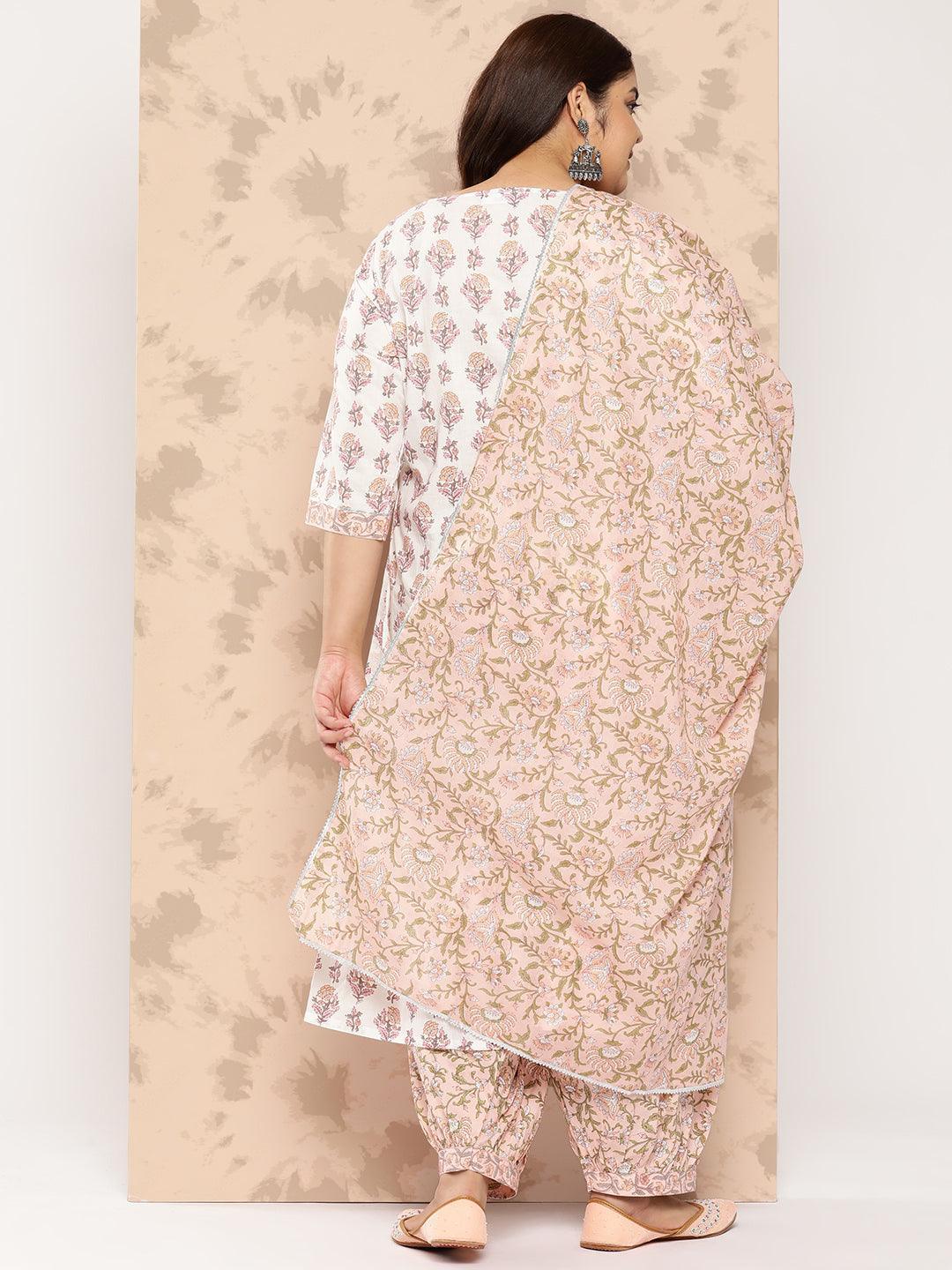 White Printed Cotton Straight Kurta With Salwar and Dupatta