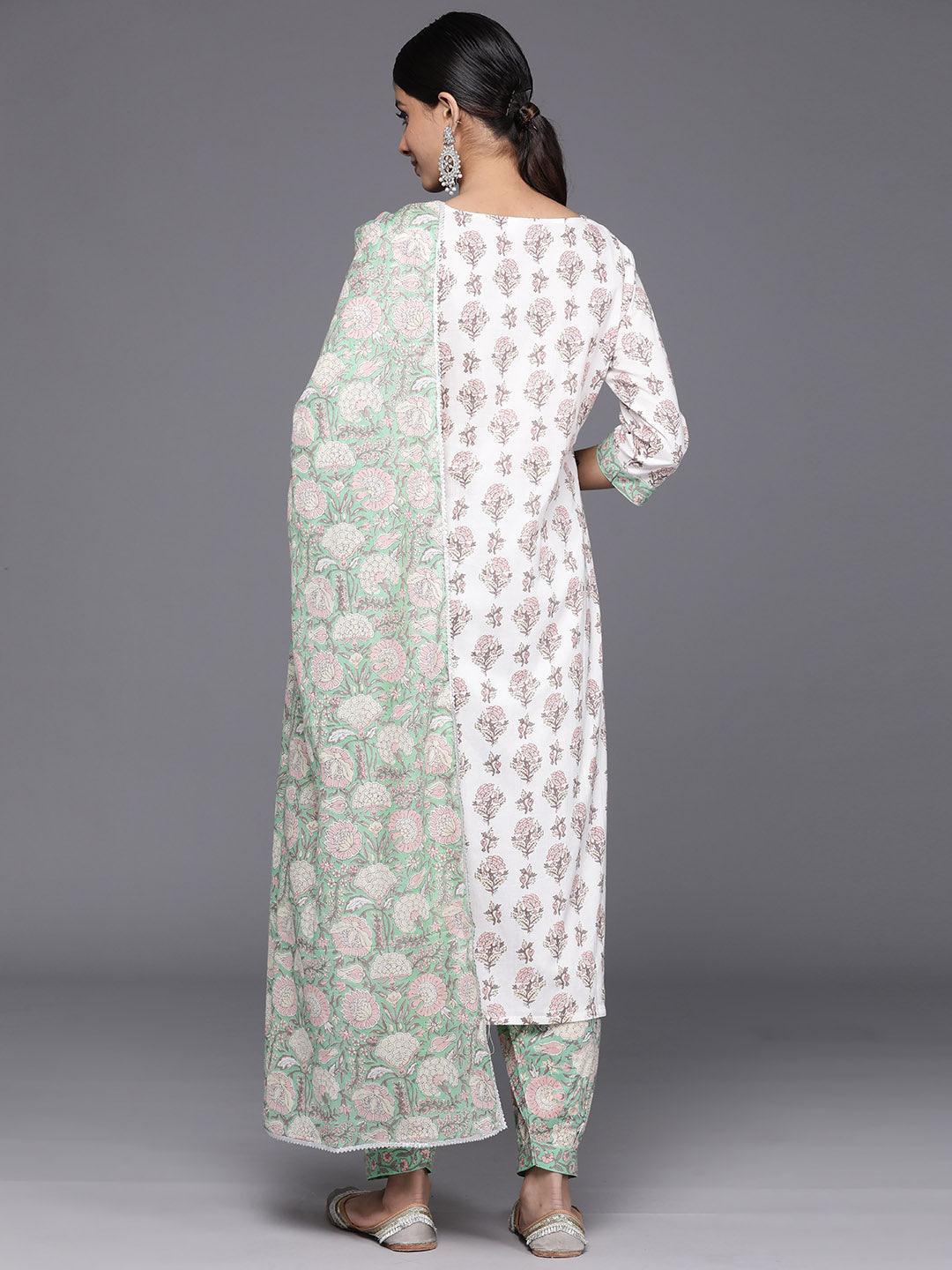 White Printed Cotton Straight Kurta With Salwar & Dupatta - Libas