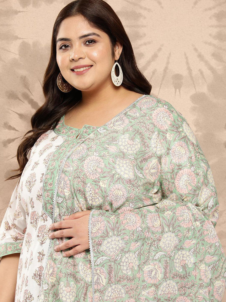 White Printed Cotton Straight Kurta With Salwar and Dupatta - Libas