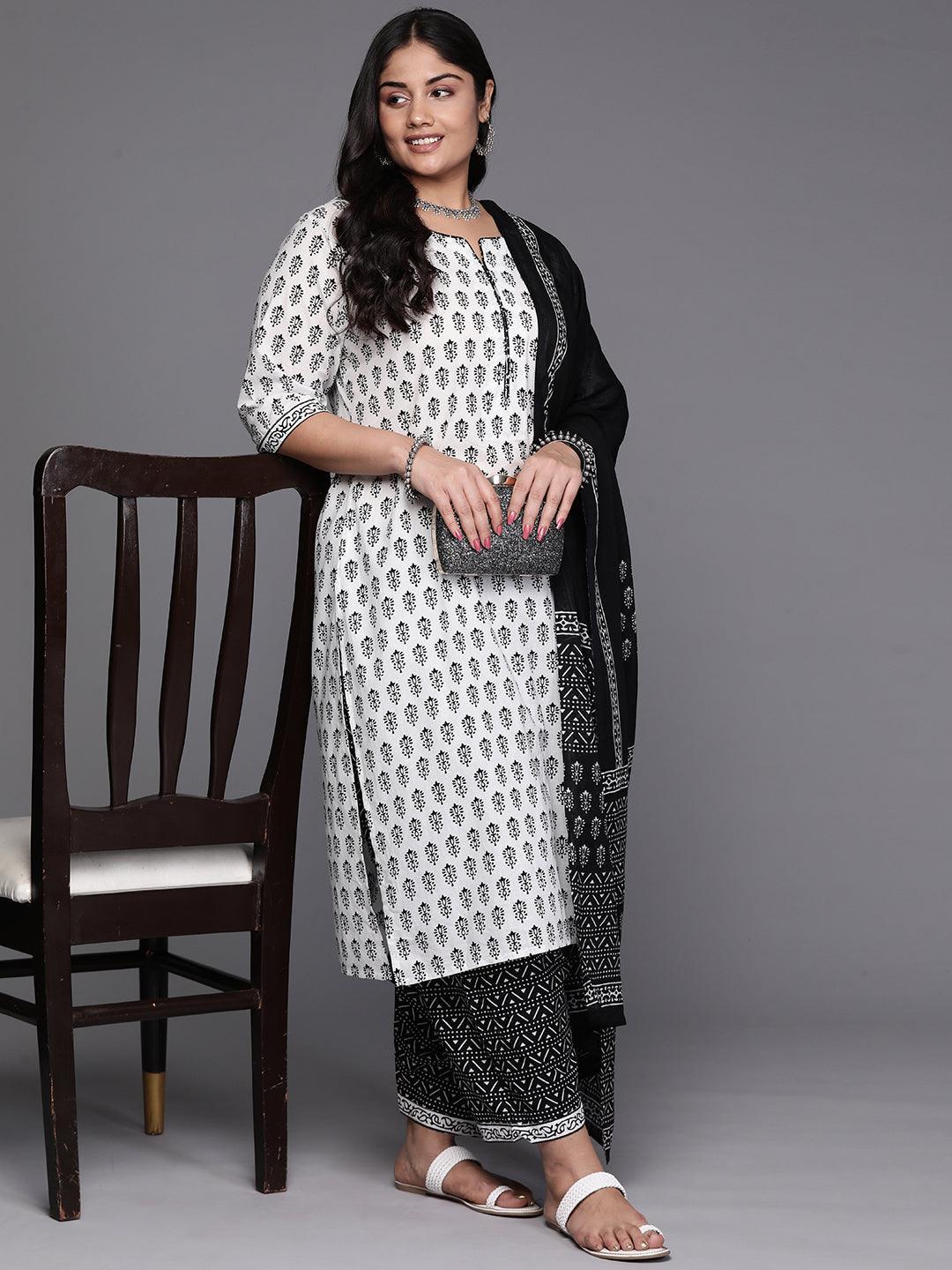 White Printed Cotton Straight Kurta With Salwar & Dupatta