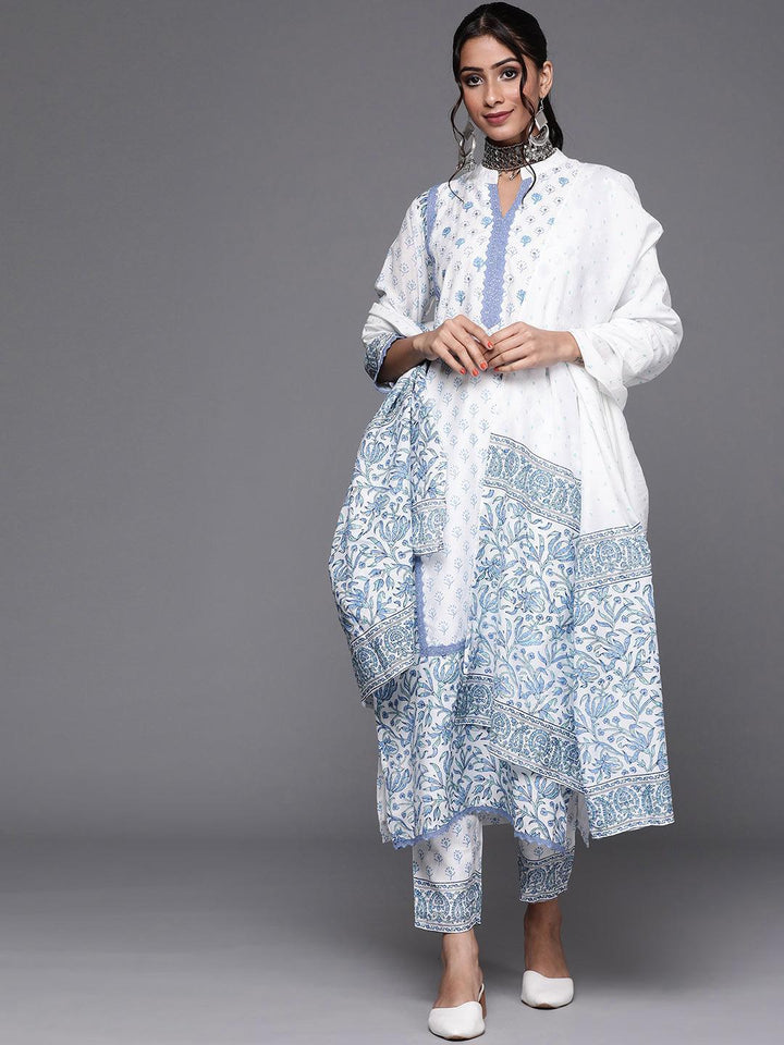 White Printed Silk Suit Set - ShopLibas