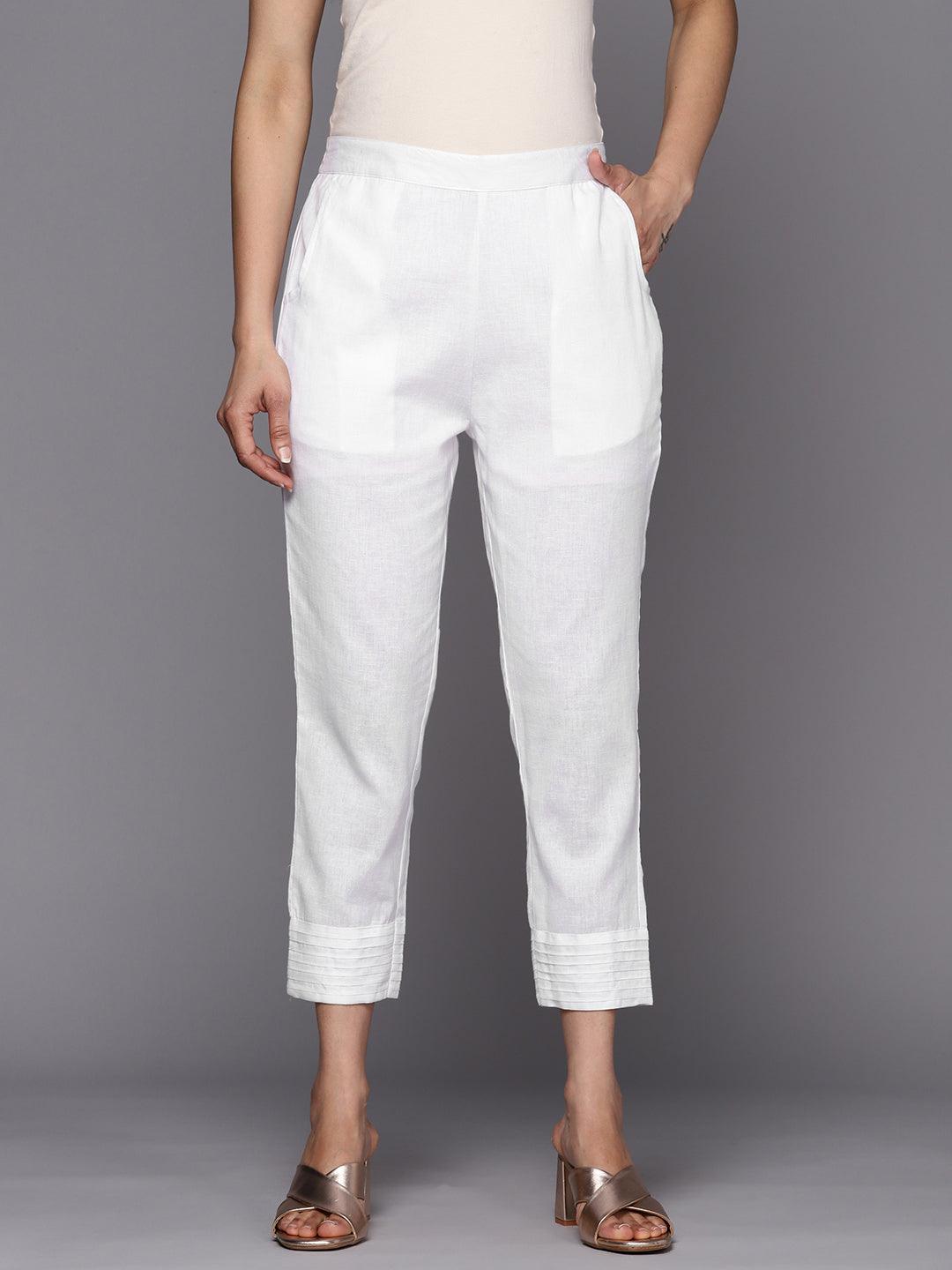 White Solid Cotton Trousers