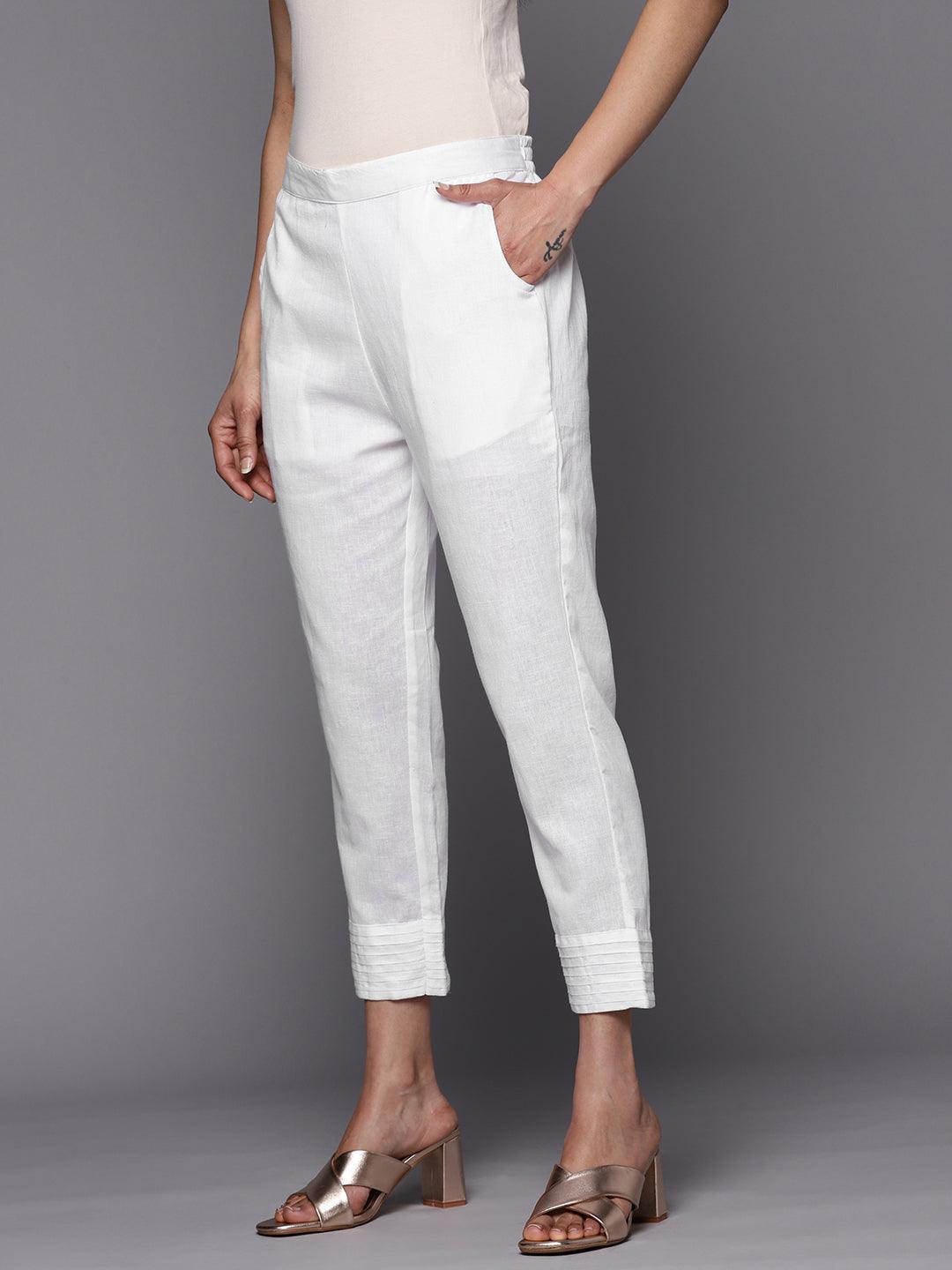 White Solid Cotton Trousers