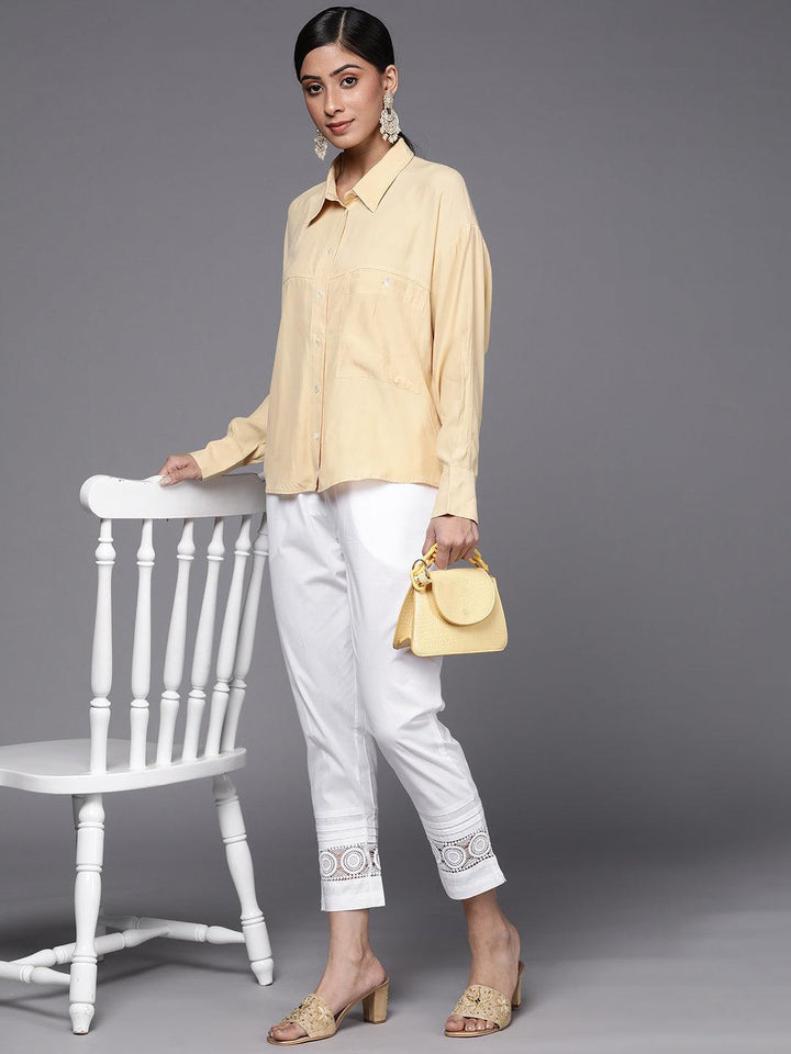 White Solid Cotton Trousers - ShopLibas