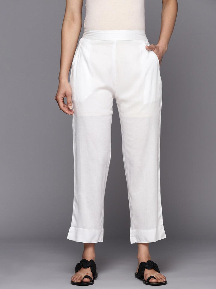 White Solid Viscose Rayon Trousers - ShopLibas