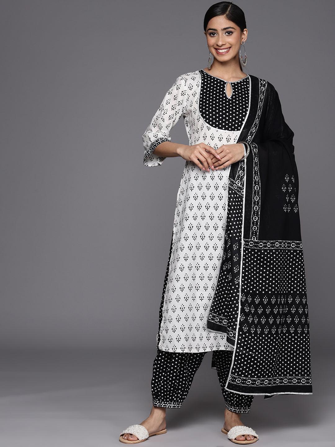 White Yoke Design Cotton Straight Suit Set With Salwar