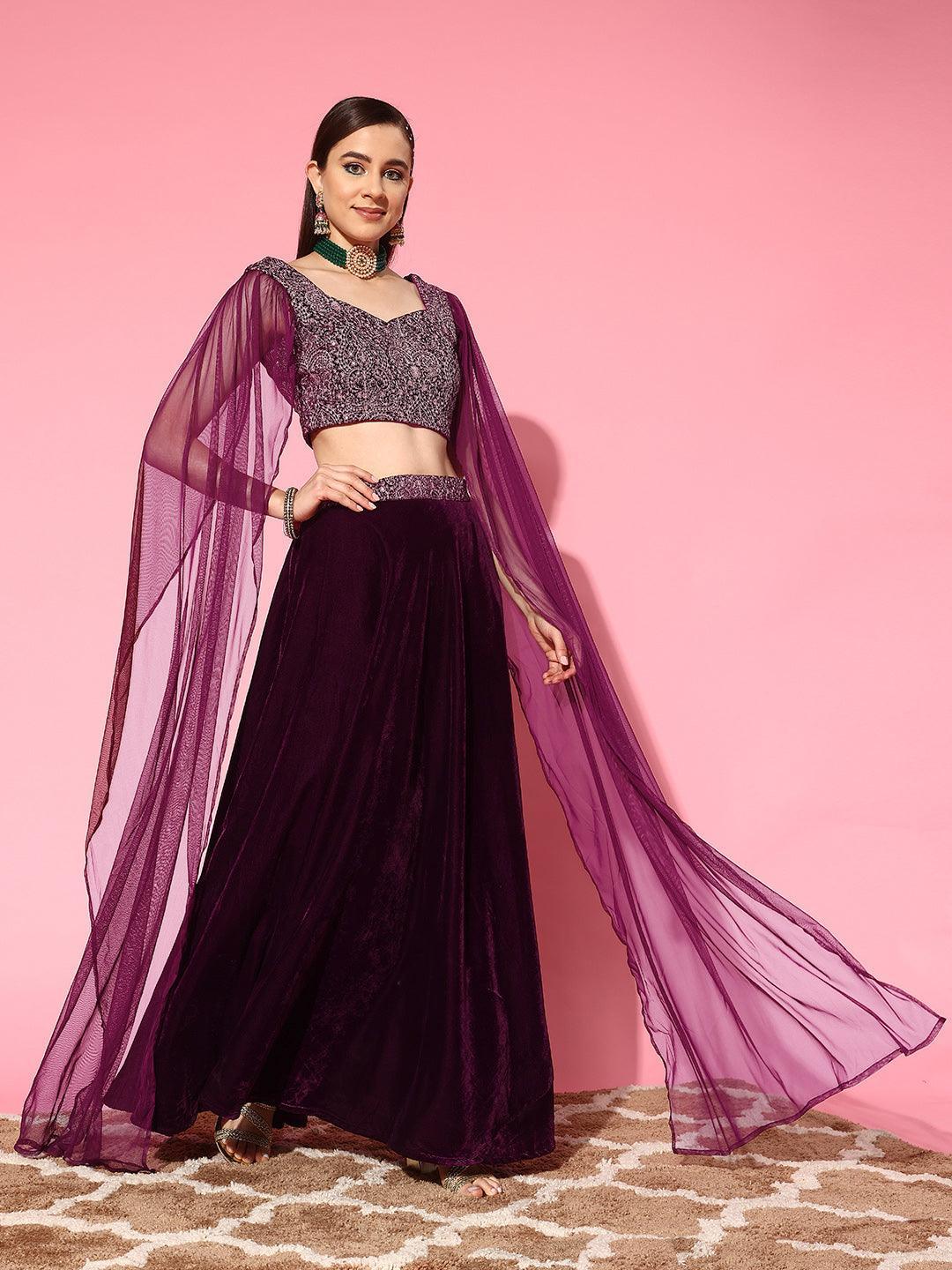 Wine Embroidered Velvet Lehenga Set