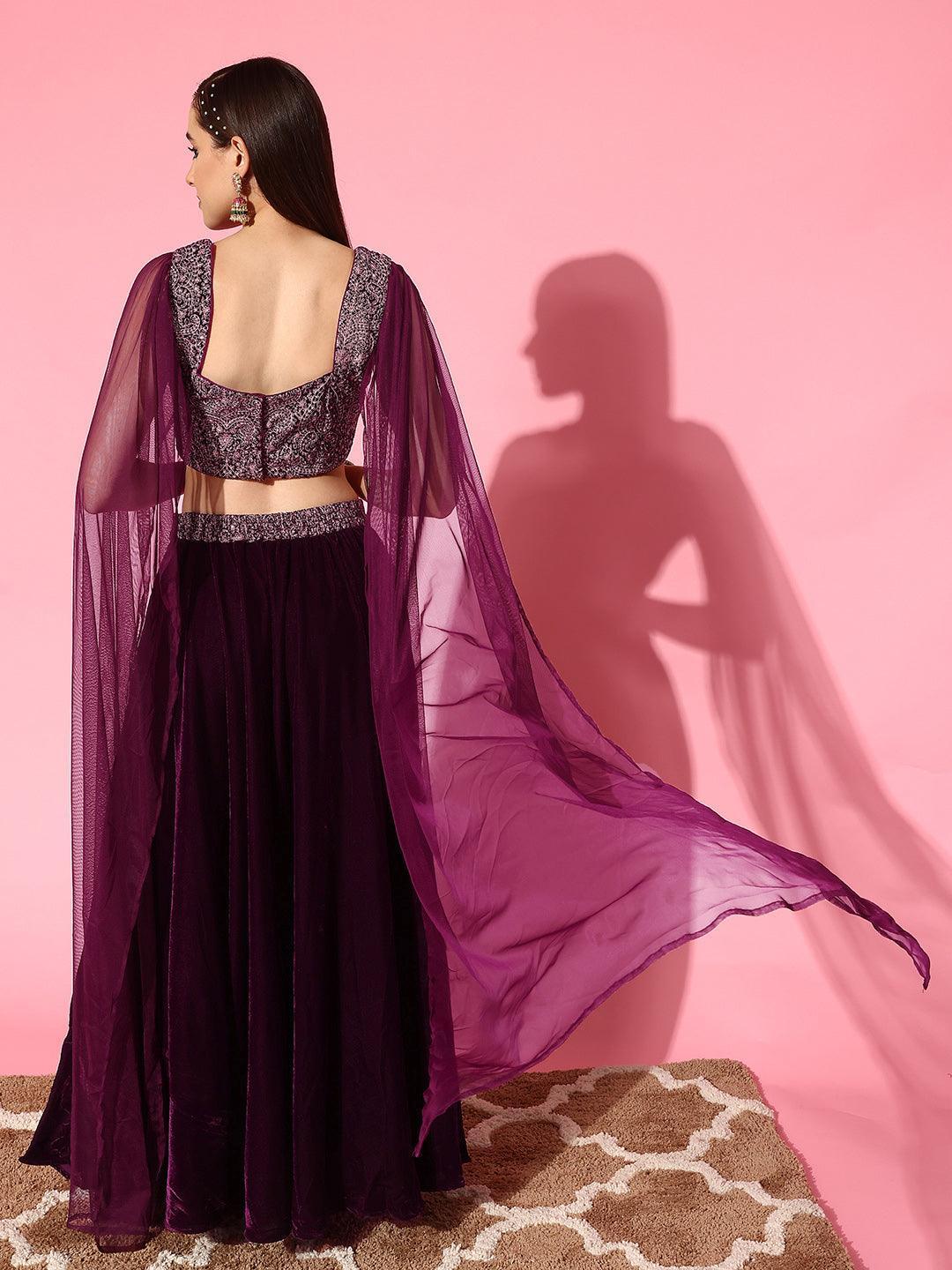 Wine Embroidered Velvet Lehenga Set