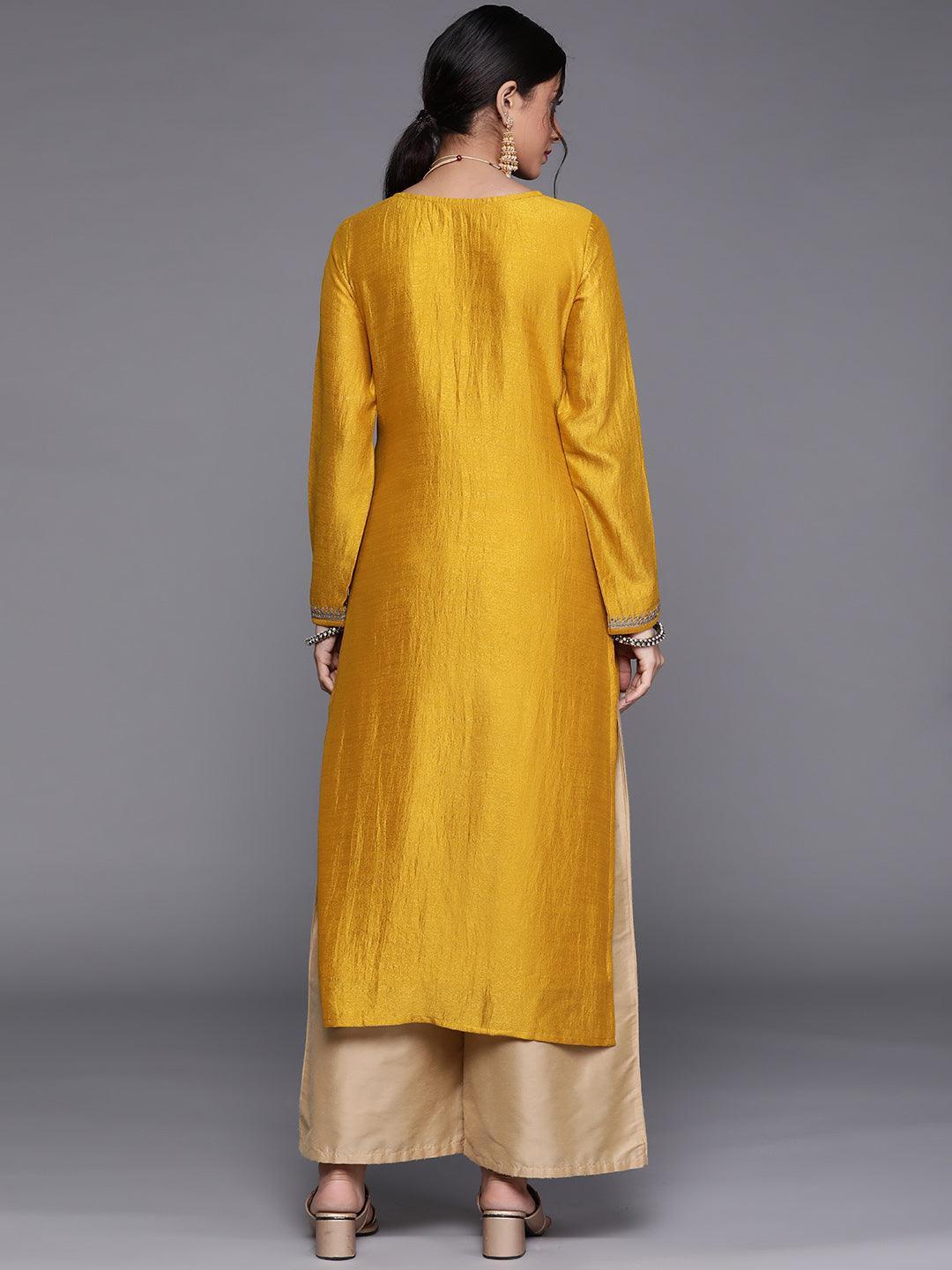 Yellow Embellished Silk Kurta - ShopLibas